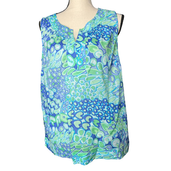 Talbots Sleeveless Blouse in Blue and Green Abstract Print Size 10 - Picture 1 of 5